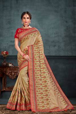 Indian Women Beige Poly Silk Heavy Embroidered Work Designer Saree 1