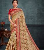 Indian Women Beige Poly Silk Heavy Embroidered Work Designer Saree