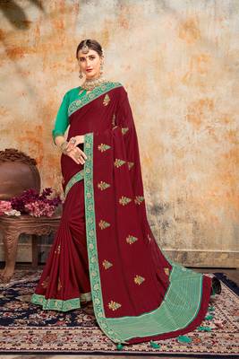Indian Women Maroon Poly Silk Embroidered work Designer Saree 1