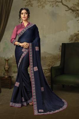 Indian Women Navy Blue Poly Silk Embroidered work Designer Saree 1