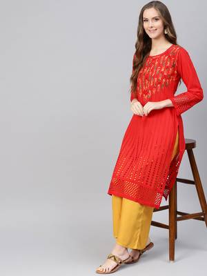 Red embroidered cotton chikankari-kurtis 1