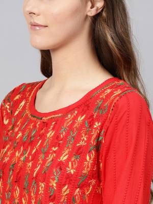 Red embroidered cotton chikankari-kurtis 2
