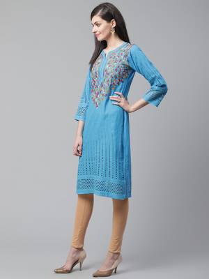 Blue embroidered cotton chikankari-kurtis 1