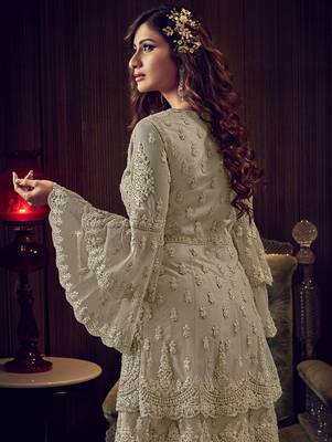 Beige embroidered net salwar 3
