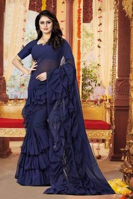 Blue plain georgette saree with blouse 1