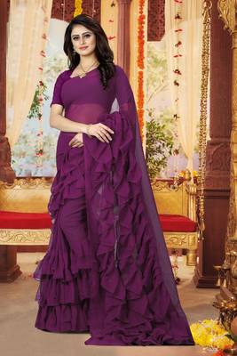Purple plain georgette saree with blouse 1