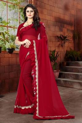 Red plain georgette saree with blouse 1