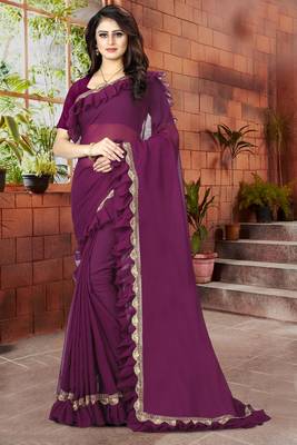 Purple plain georgette saree with blouse 1