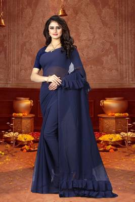 Blue plain georgette saree with blouse 1