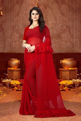Red plain georgette saree with blouse 1
