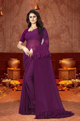 Purple plain georgette saree with blouse 1