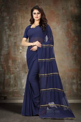 Blue plain georgette saree with blouse 1