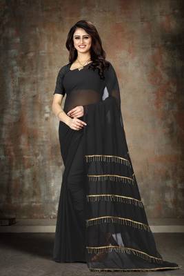 Black plain georgette saree with blouse 1
