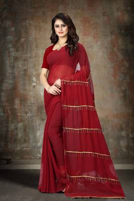 Maroon plain georgette saree with blouse 1