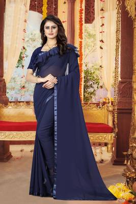 Blue plain georgette saree with blouse 1