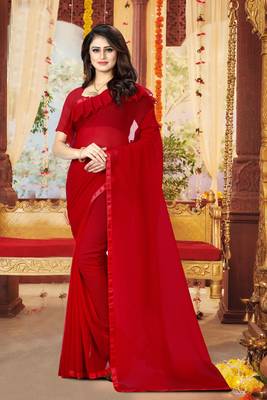 Red plain georgette saree with blouse 1