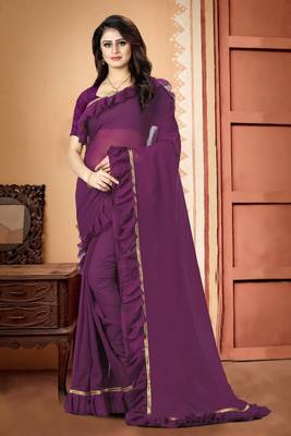 Purple plain georgette saree with blouse 1