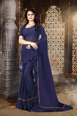 Blue plain georgette saree with blouse 1