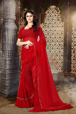 Red plain georgette saree with blouse 1