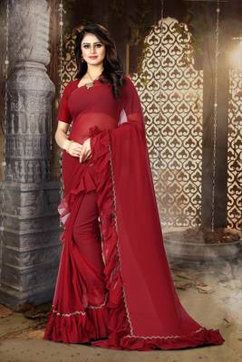 Maroon plain georgette saree with blouse 1