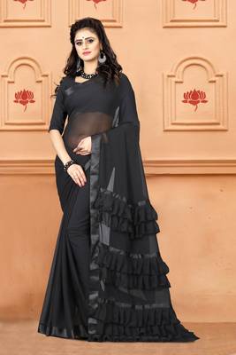 Black plain georgette saree with blouse 1