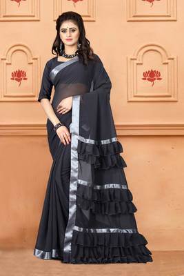 Grey plain georgette saree with blouse 1