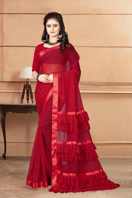 Red plain georgette saree with blouse 1