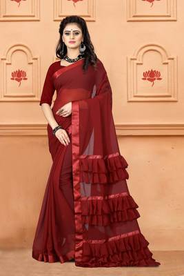 Maroon plain georgette saree with blouse 1