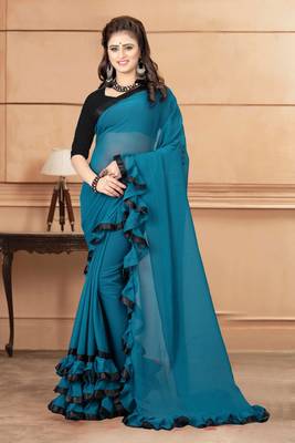 Green plain georgette saree with blouse 1