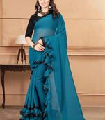 Green plain georgette saree with blouse