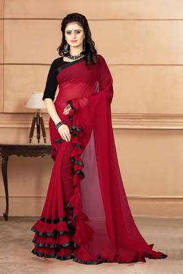 Light maroon plain georgette saree with blouse 1