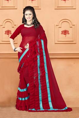 Red plain georgette saree with blouse 1
