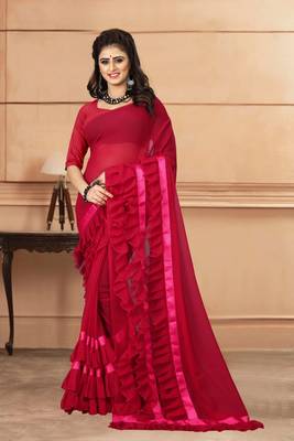 Red plain georgette saree with blouse 1