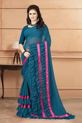 Green plain georgette saree with blouse 1