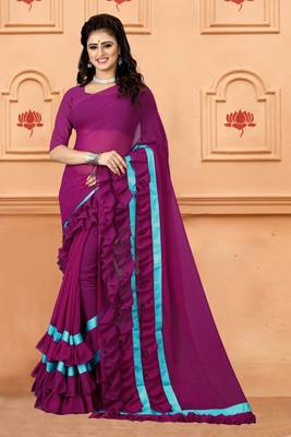 Purple plain georgette saree with blouse 1
