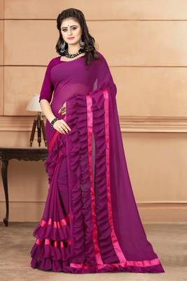 Purple plain georgette saree with blouse 1