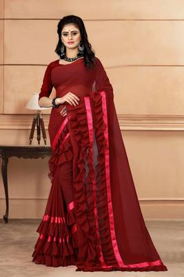 Maroon plain georgette saree with blouse 1