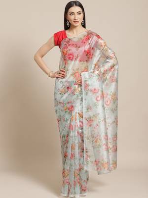 Light green printed organza saree with blouse 1