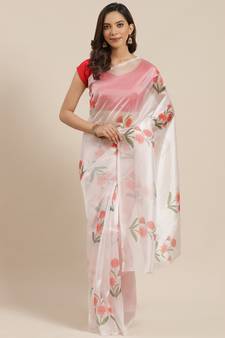 Off White Printed Organza Saree With Blouse