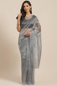 Grey Printed Organza Saree With Blouse