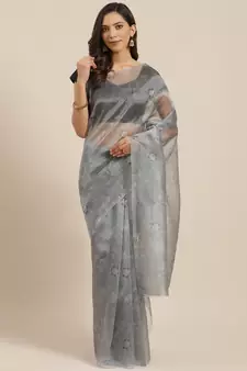 Grey Printed Organza Saree With Blouse