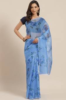 Blue Printed Organza Saree With Blouse