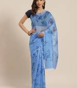 Blue Printed Organza Saree With Blouse