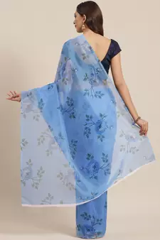 Blue Printed Organza Saree With Blouse