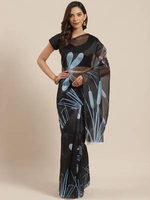 Black printed organza saree with blouse 1