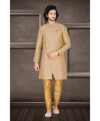Fashion Curries Mens woven fawn jacquard angarakha  cut  indowestern  with elegant golden buttons 1
