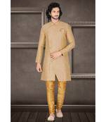 Fashion Curries Mens woven fawn jacquard angarakha  cut  indowestern  with elegant golden buttons