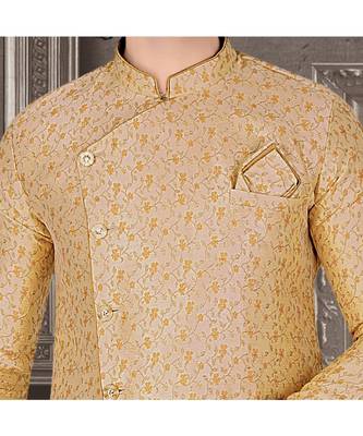 Fashion Curries Mens woven fawn jacquard angarakha  cut  indowestern  with elegant golden buttons 2