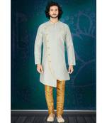 Fashion Curries Mens Woven light blue jacquard angarakha  cut  indowestern  with elegant golden buttons and fancy pocket