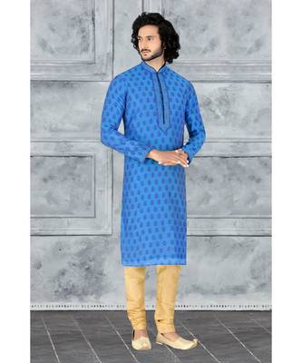 Fashion Curries Mens blue booti block printed kora with cording on the jabbapatti and collar 1